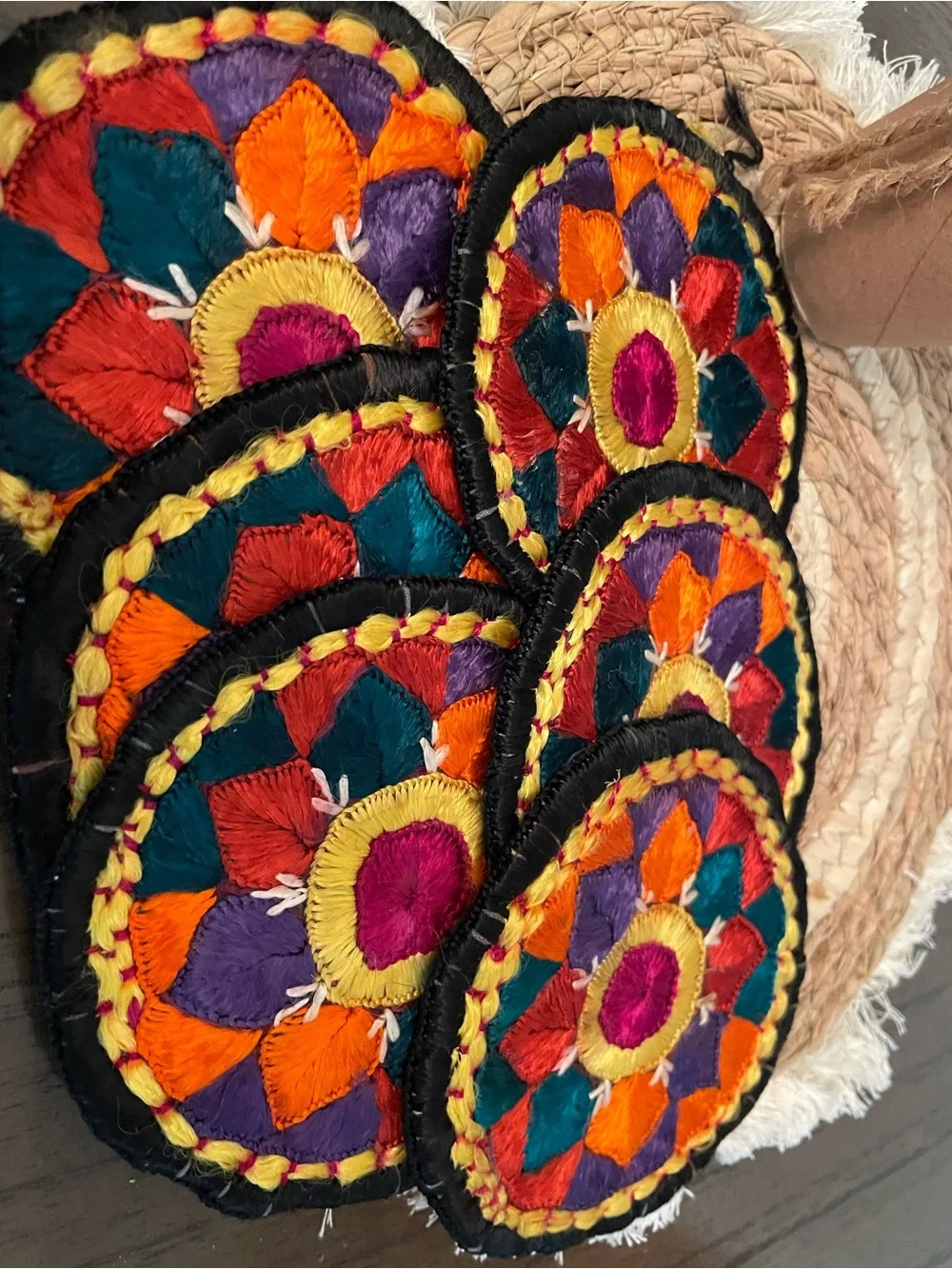 Hand-Embroidered Decorative Coaster Set - Multicolor (Orange, Teal, Purple)